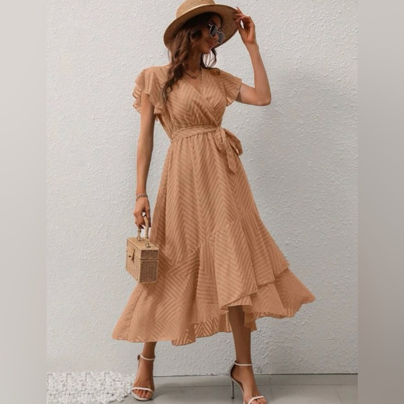 Jacquard Butterfly Sleeve Ruffle Hem Belted Dress - Picture 5 of 8